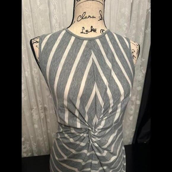 Grey and White Striped Sleeveless Midi Dress with Twist Knot Detail - Picture 2 of 2